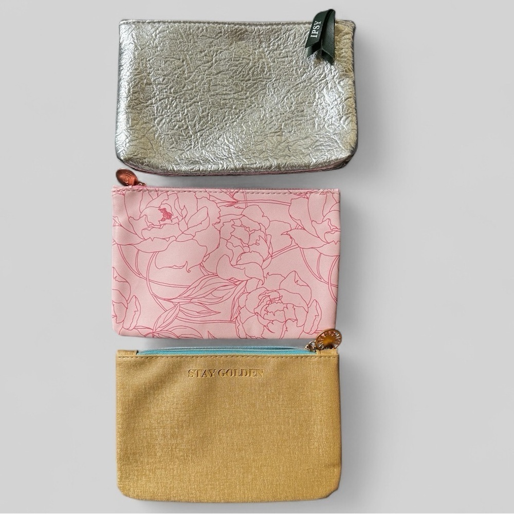 Three Ipsy bags, Gold Stay Golden, Pink Floral Peony, Silver Glam, cosmetic bag